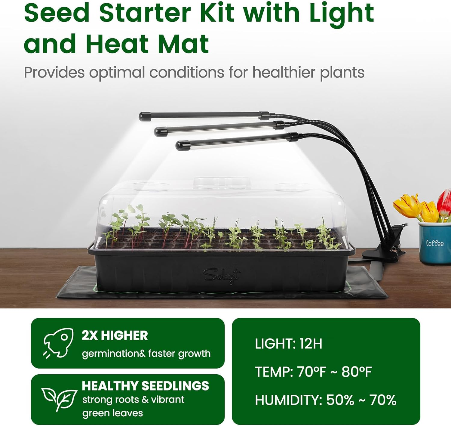 SOLIGT 60 Cell Seed Starter Kit with Grow Light and Heat Mat, Seed Starter Tray with Higher 4.3” Humidity Dome, Flexible Light Positioning for Seed Starting & Seedling Growth