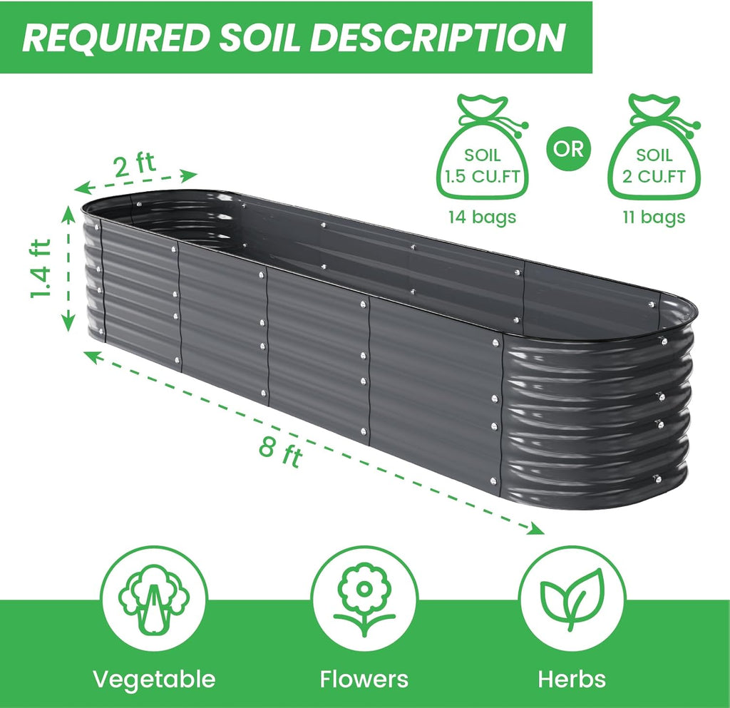 Raised Garden Bed Kit 8×2×1.4 FT Magnesium-Aluminum-Zinc Stainless Steel Metal Planter Box for Planting Outdoor Plants Vegetables（Gray）