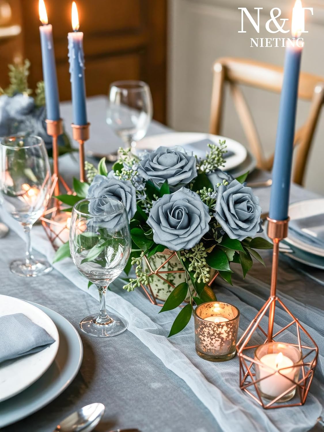 N&T NIETING Artificial Flowers, 50pcs Foam Roses Fake Flowers DIY Wedding Party Cake Decoration, Home Display, Dusty Blue Gray