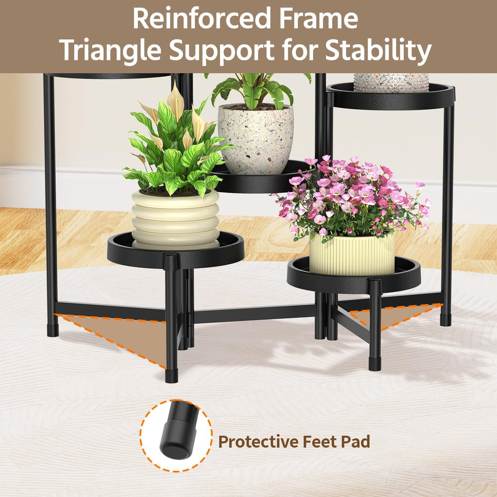 LASZOLA 6 Tiered Folding Plant Stand Indoor for Multiple Large Planter, Tall Heavy Duty Adjustable Rack with Rust Proof Plastic Shelving, Sturdy Vertical Tree Organizer for Narrow Inside Floor, Black