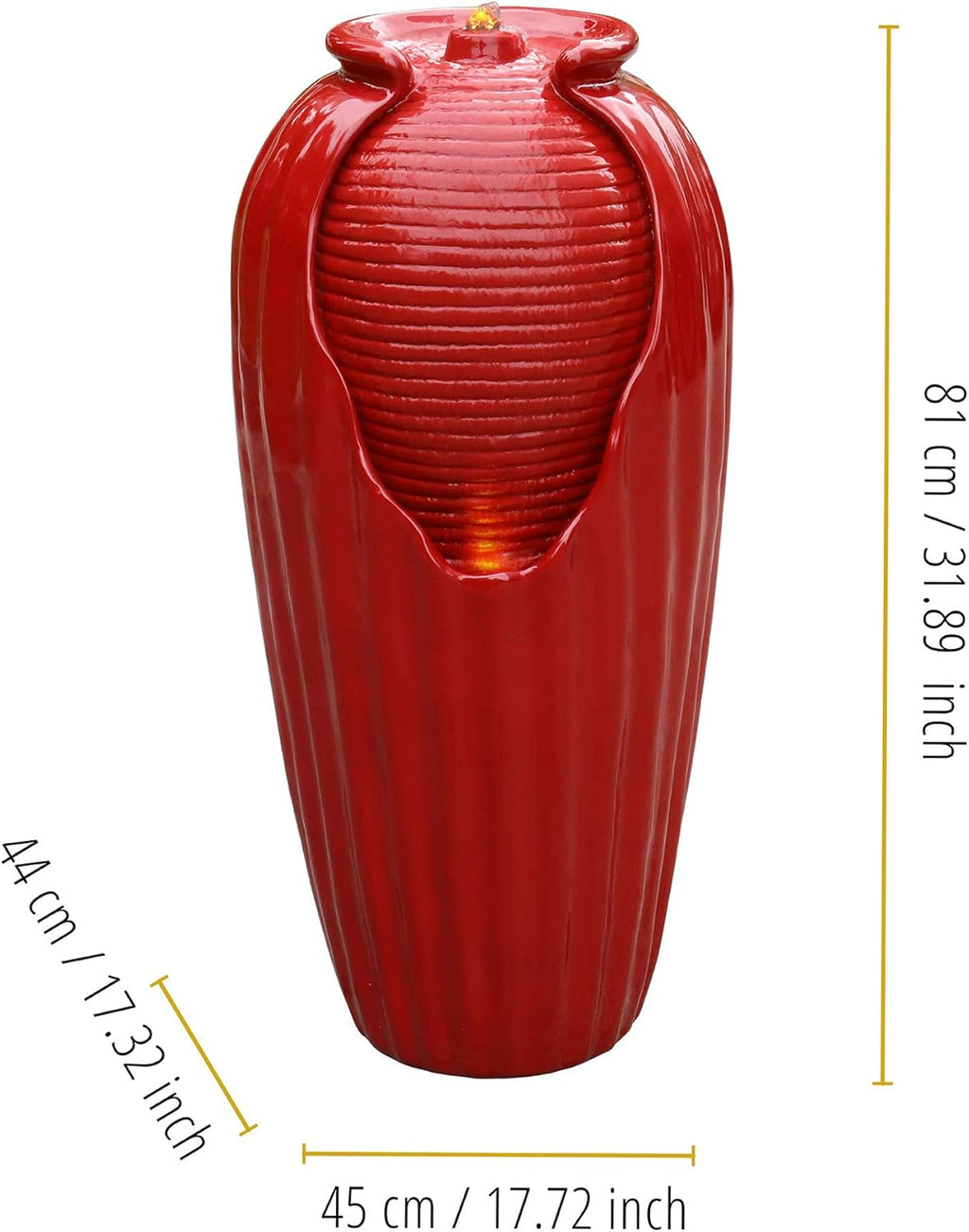 Teamson Home Glazed Vase Floor Freestanding Water Fountain with LED Lights and Pump for Outdoor Patio Backyard Deck Plant Garden Décor, 32 Inch Height, Red