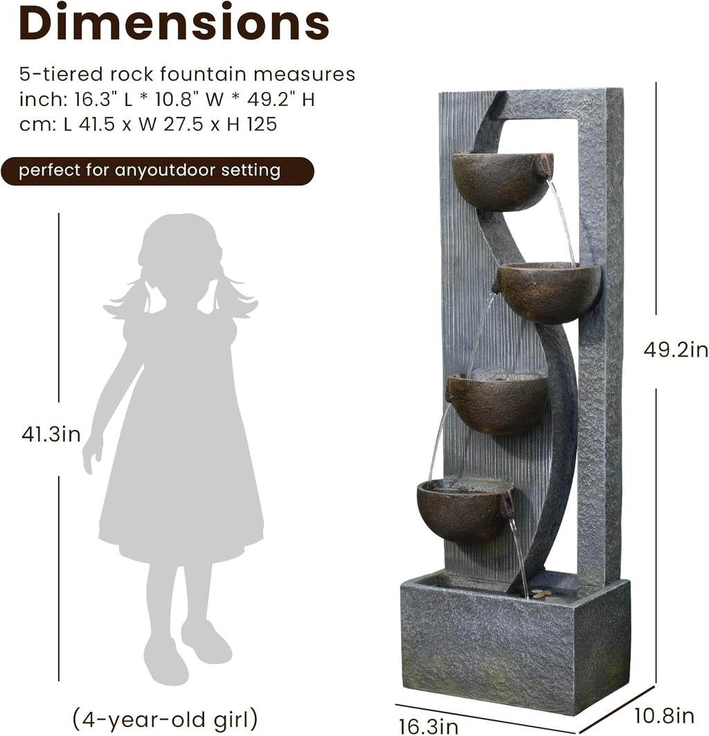 5-Tier Cascading Outdoor Fountain with LED Lights, 49.2" Tall Resin Waterfall Fountain for Garden, Patio, Backyard - Freestanding Water Feature