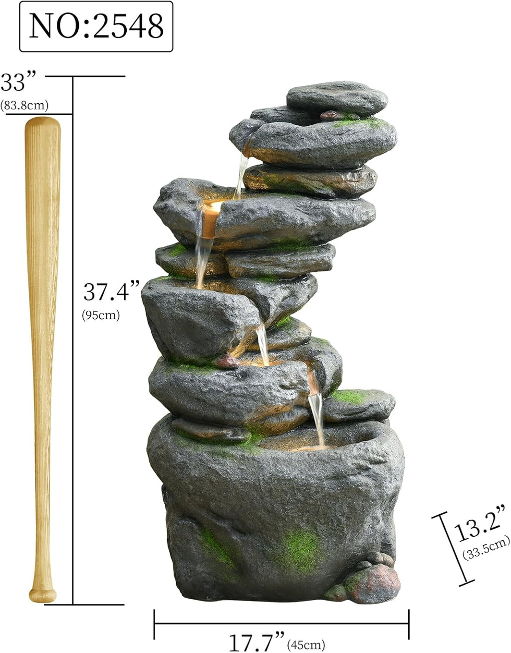 38" Outdoor Garden Water Fountain with Lights 5 Tiers Cascading Large Waterfall Floor Standing Fountain for Patio, Backyard, Deck, Porch and Home Art Decor