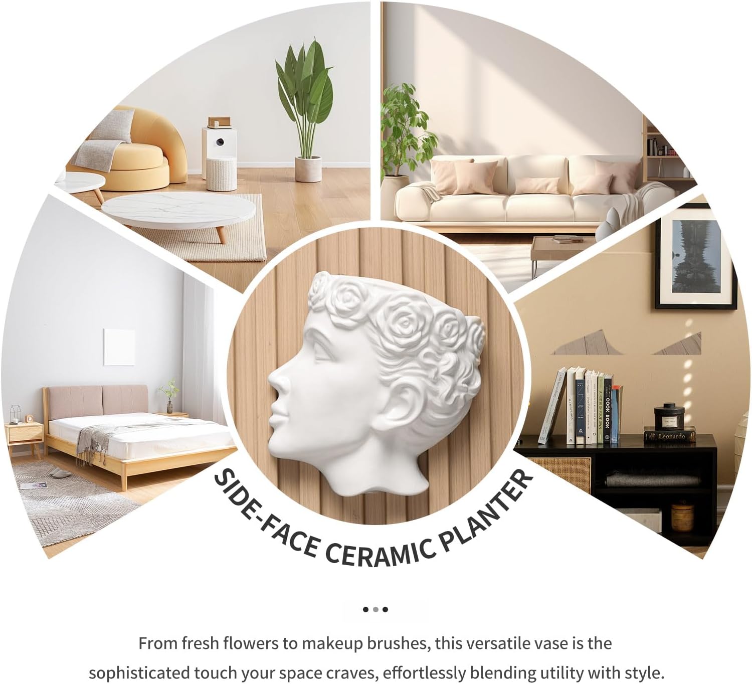 Side-Face Ceramic Planter – Glossy White, Wall-Hanging, with Drainage – 6.7"" Artistic Female Face Vase