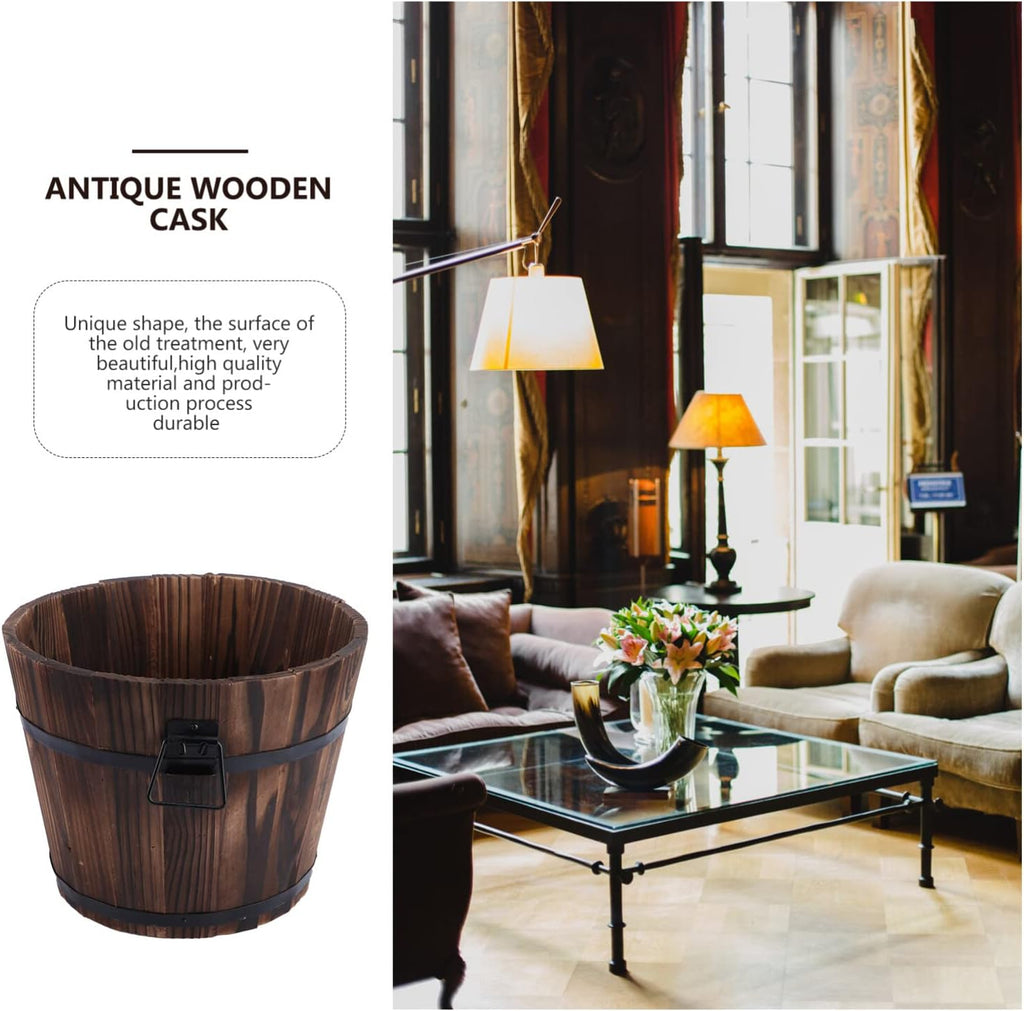 Vaguelly Rustic Wooden Barrels Planters Whiskey Barrels Bucket with Handle, Flower Planter Plant Pots Container Water Wishing Well Pail Garden Backyard Outdoor Indoor Decor