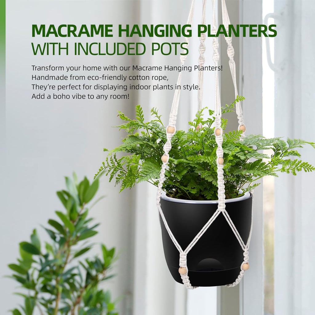 2-Pack 7.1-Inch Self-Watering Hanging Planters for Indoor & Outdoor Plants,34Inch Macrame Hanger Plant Pots Indoor with Drainage,Small Hanging Planters & Baskets,With Two Sets of Hooks（Pure black）
