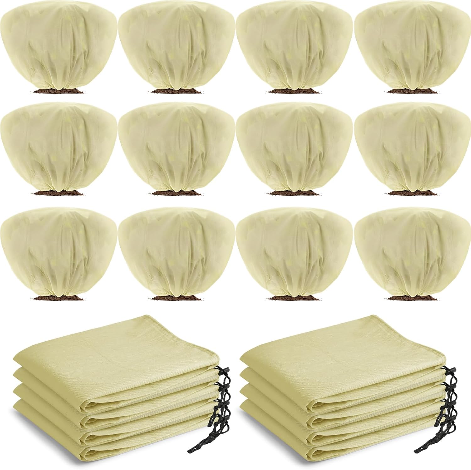 12 Pcs Winter Plant Covers Freeze Protection 39.4x23.6 Inch Horizontal Shrub Tree Rose Plant Protection Bags Frost Blanket with Drawstring for Fall Winter Outdoor Garden Planting (Beige)