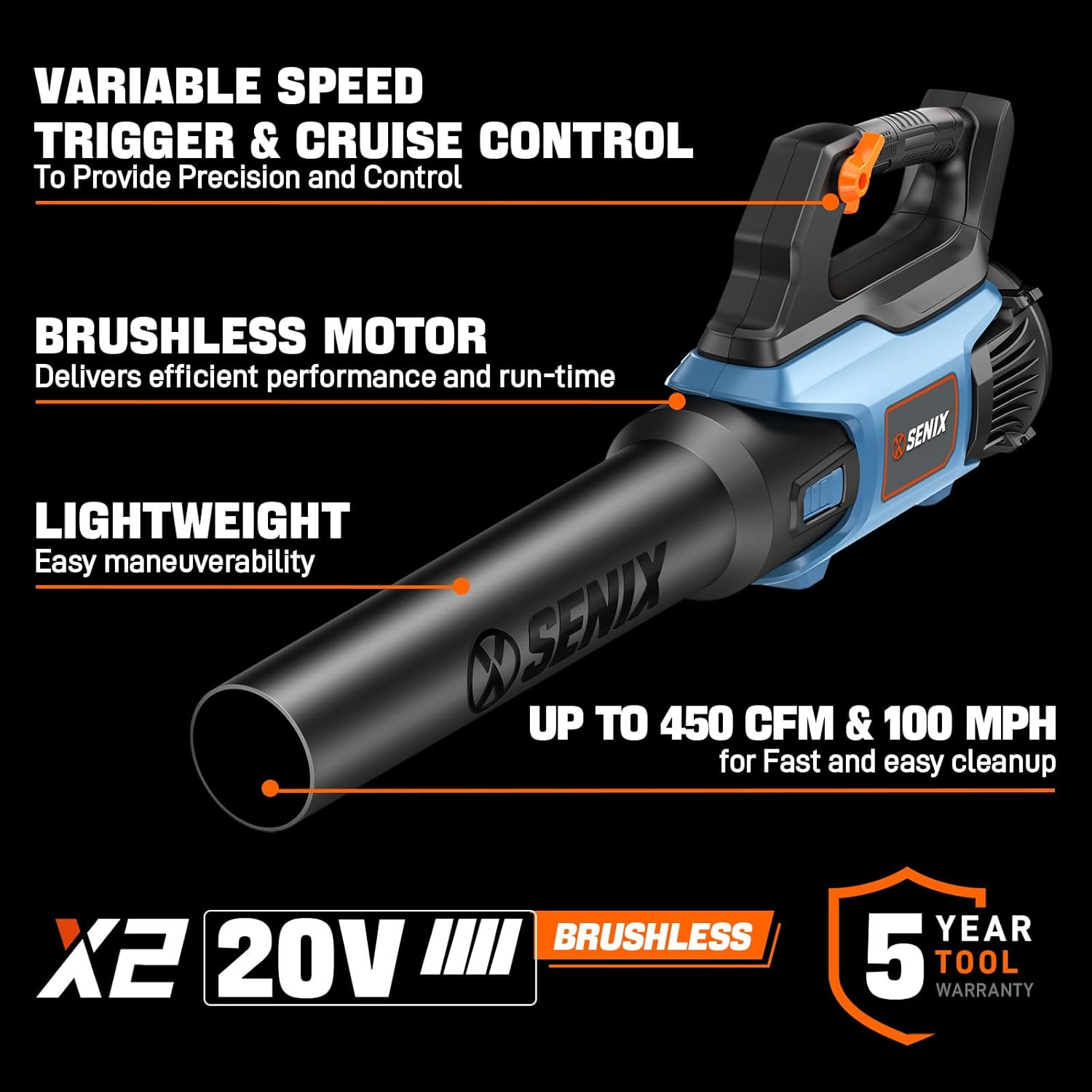 SENIX 20V Max Leaf Blower, Cordless, Brushless, Handheld, Up to 450 CFM and 100 MPH, 2 Speed Mode, Cruise Control, Lightweight, Tool Only, Battery and Charger Not Included(BLAX2-M3-0)