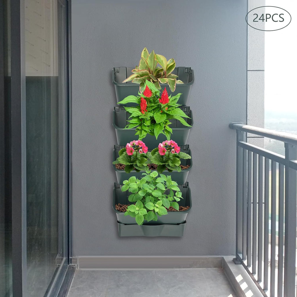 Vertical Wall Planter with 24 Pots, Hanging Garden Plant Flowerpot Holder, Stackable Wall-Mounted Planter, Balcony Planters for Flowers Vegetables Fruits (Army Green, 24 Pots+6 Drainage Planters&Pipe)