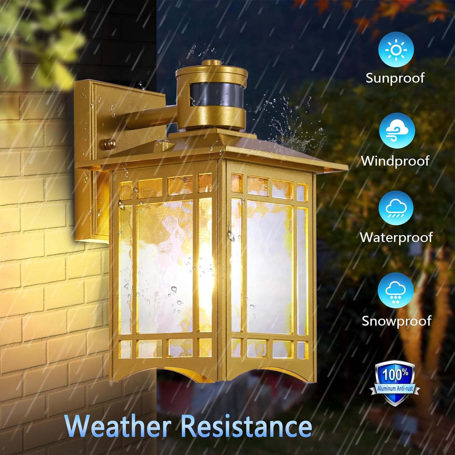 Dusk to Dawn Motion Sensor Light, Outdoor Light Fixture, Golden Wall Sconce Lighting, Front Porch Light, Exterior Lights for House Patio, Outside Door Lights, Wall Mount Anti-Rust Lantern