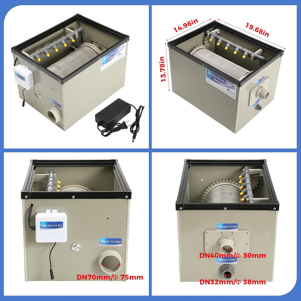 Rotary Drum Filter-3000GPH Canister Filter AC110-240V RDF Fully Automatic Water Self-Cleaning Filtration for Koi Pond,Fish Pond,Aquarium,Fish Farm,Seedling Cultivation Base,Aquaculture,Hydroponics