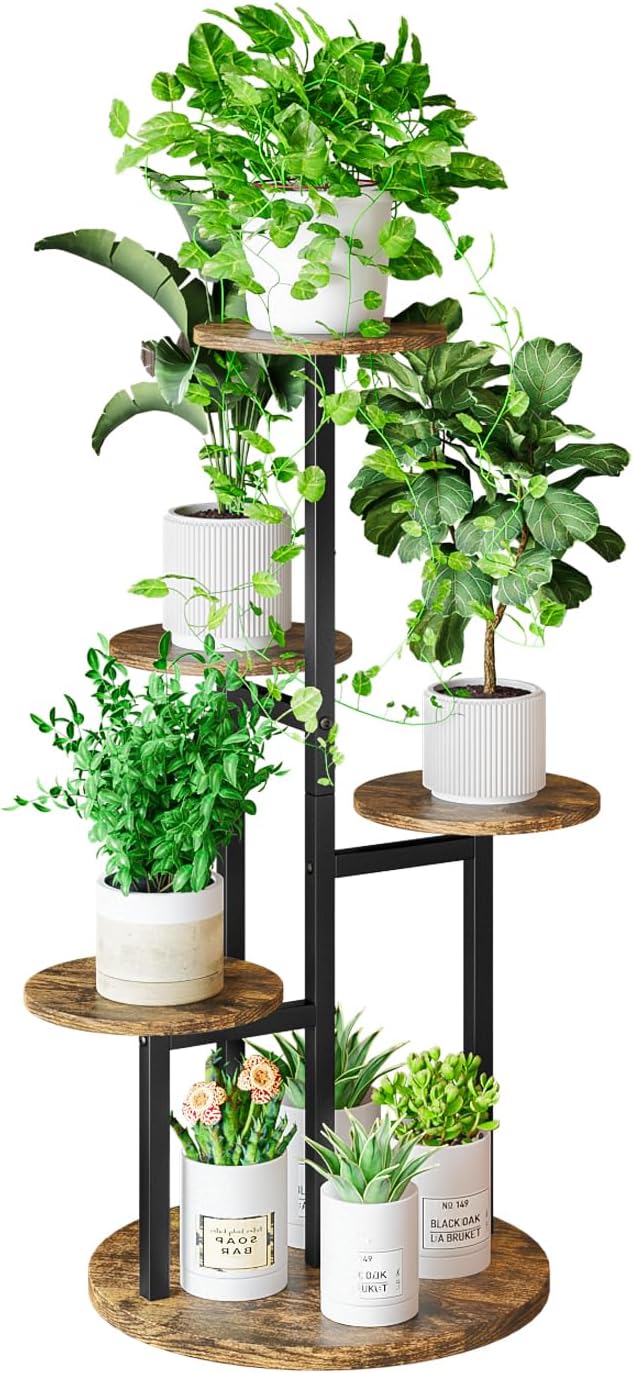 Plant Stand Indoor 5 Tier 8 Potted Multiple Flower Pot Holder for Patio Garden Balcony Living Room Corner (5 Tier Black+Rustic Brown)