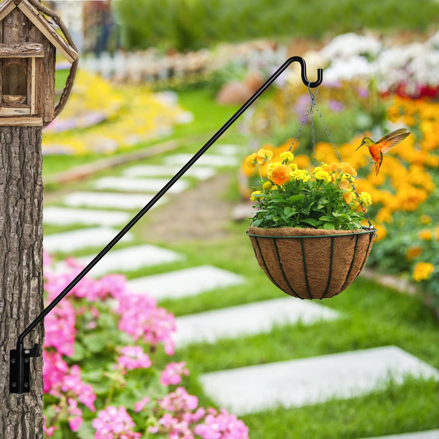 MIXXIDEA 2 Packs Heavy Duty Extended Reach Wall Mounted Deck Hook Wall Pole, Wall Bracket Direction and Length Adjustable Plant Bracket for Bird Feeders, Planters, Suet Baskets, Lanterns, Wind Chimes