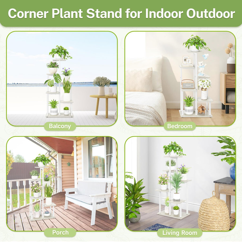 iDavosic.ly 6 Tier Plant Stand Indoor, Tiered Corner Plant Shelf for Multiple Plants, Metal Wood Tall Plant Display Rack Flower Holder for Patio Porch Garden Balcony Bedroom, White