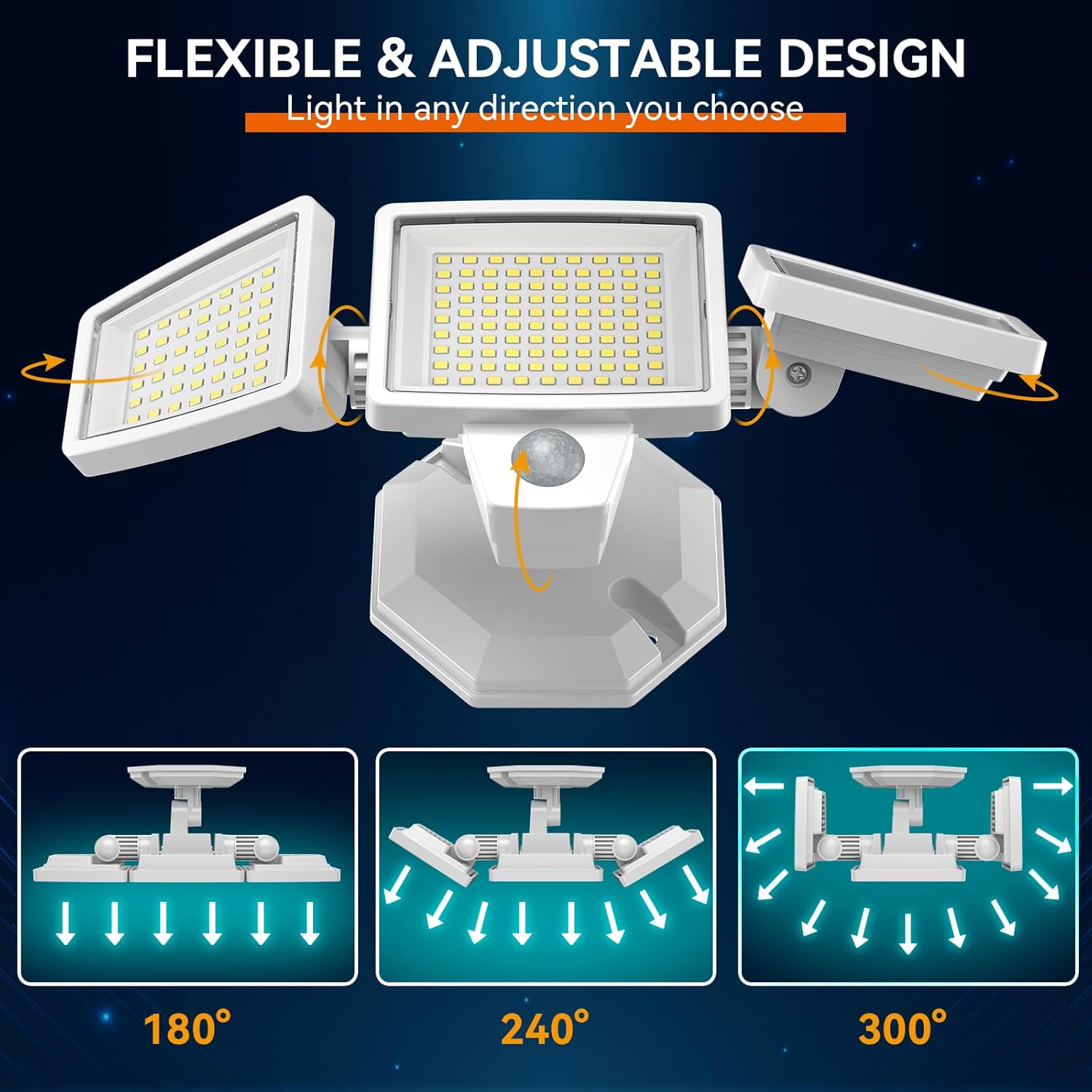 65W LED Flood Light Outdoor, 6500LM, Waterproof, 6500K Motion Sensor Flood Lights Outdoor with Adjustable 3 Head Detected Floodlight for Outside Entryway Garage, Yard, Porch, White