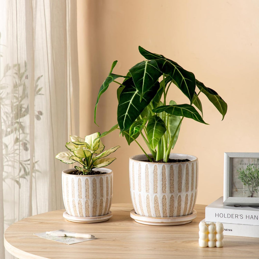 Ceramic Flower Pots Indoor-Outdoor: 7.75 Inch Large Planters with Drainage Holes & Saucer - Modern Decorative Plant Pots Ceramic for Home Gardeners (Striped)
