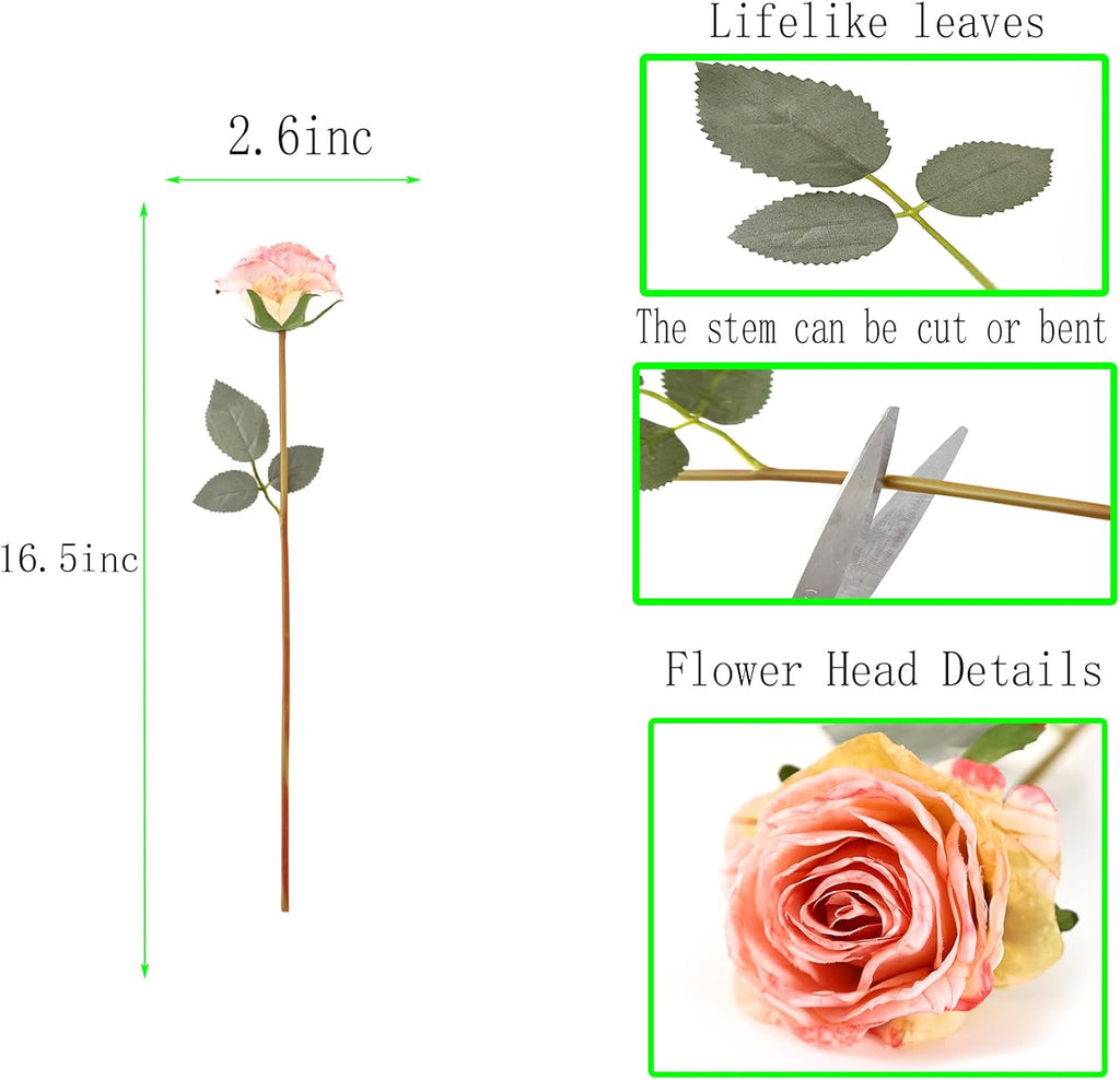 Kimura's Cabin 12pcs Pink Lifelike Artificial Roses Flowers with Stem Faux Silk Rose Bouquet Dried Roses Fake Flowers for Valentines Day Home Centerpiece Wedding Party DIY Decoration (Light Pink)