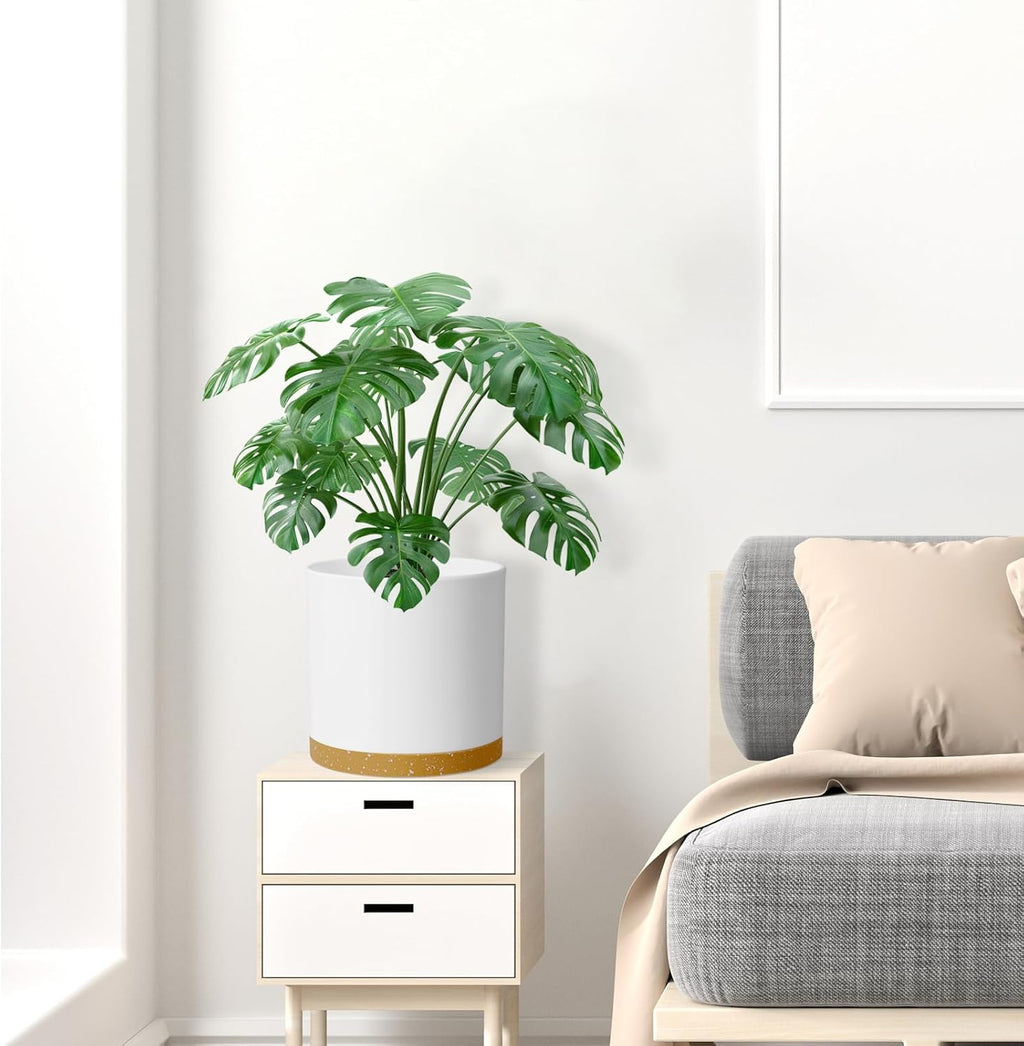 10 Inch Large Flower Pots for Indoor Outdoor Plants, Cylinder Deep Plant Pots with Drainage Holes and Saucer, Big Decorative Plastic Planter Pots for Garden House Plants, White with Brown