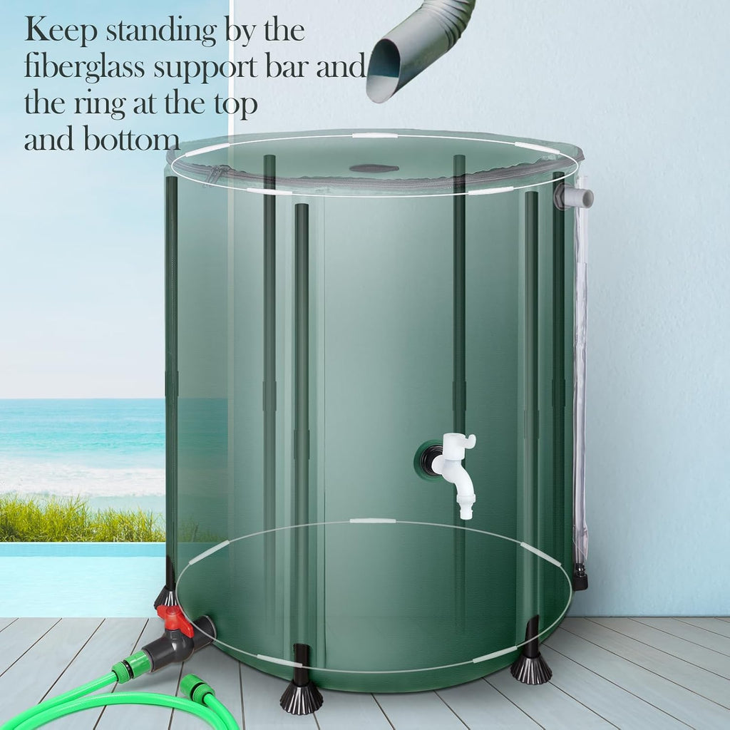 53 Gallon Collapsible Rain Barrel, SKM Portable Rain Water Collection Barrel for Garden/Outside/Lawn, PVC Rainwater Collection System Water Tank Storage Container with Spigots & Overflow Kit, Green