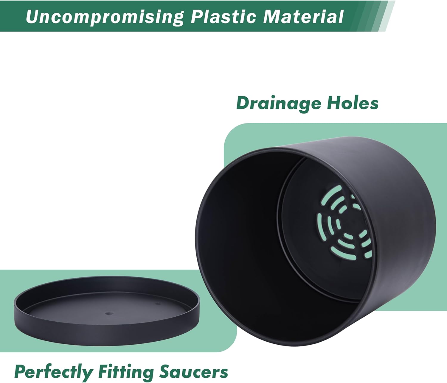 D'vine Dev 10 Inch Plastic Planter Pots for Plant Pot with Drainage Hole and Seamless Saucers, Black Color, 74-X-B-2