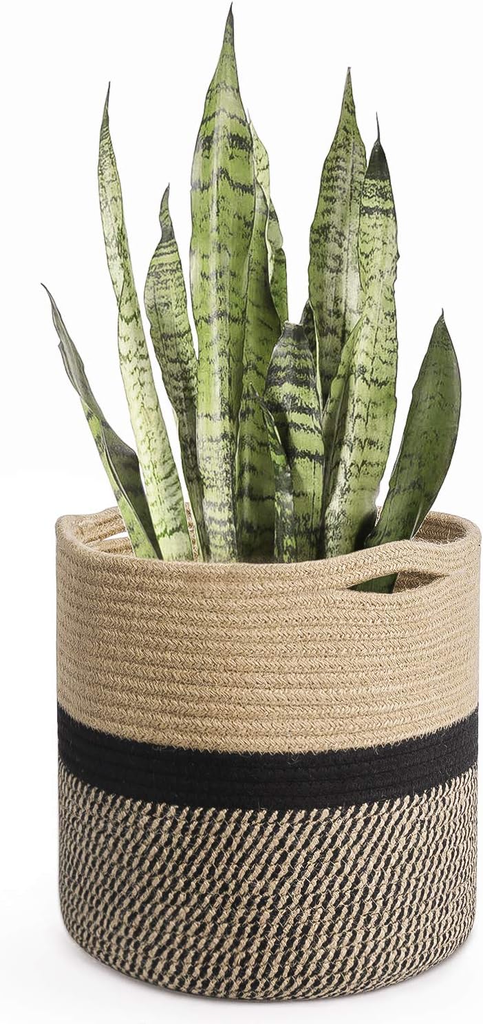 TIMEYARD Sturdy Jute Rope Plant Basket Modern Woven Baskets for 10" Flower Pot Floor Indoor Planters, 11” x 11” Storage Organizer Basket Rustic Home Decor, Black and Beige Stripes