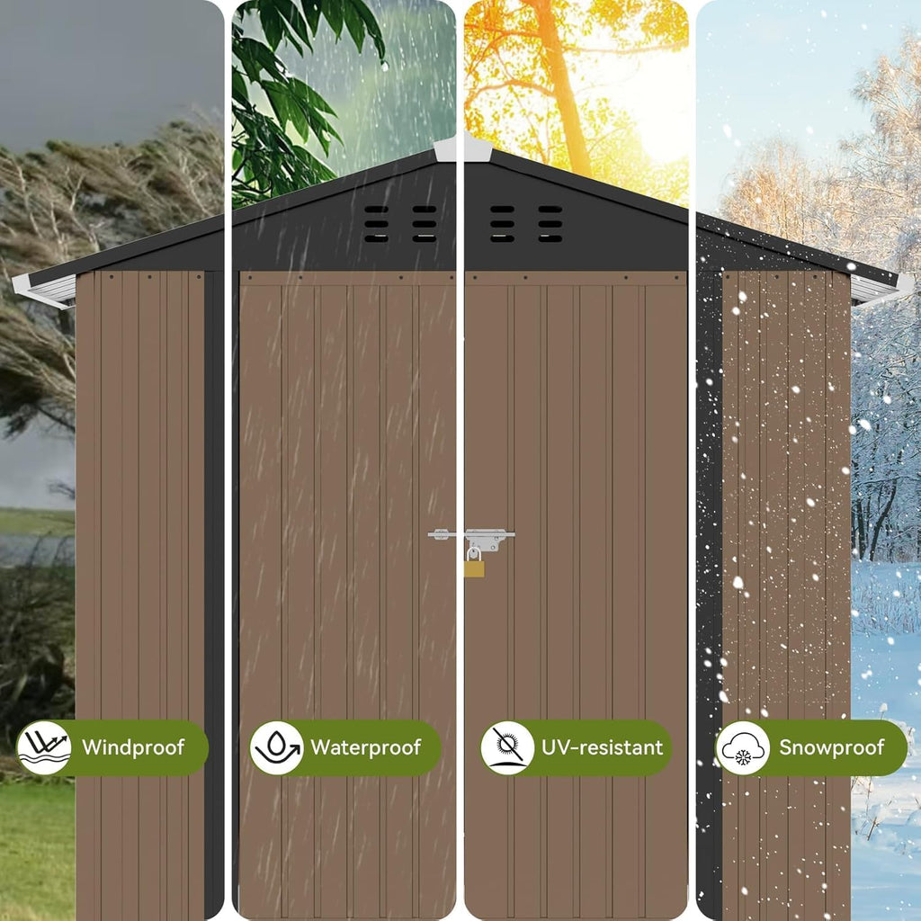 COMHOMA Shed Outdoor Storage Shed Metal,Lockable Doors Tool Sheds with Sloping Roof,Steel Garden Shed with Air Vent for Backyard,Patio,Lawn,Poolside (Brown, 6'*4')