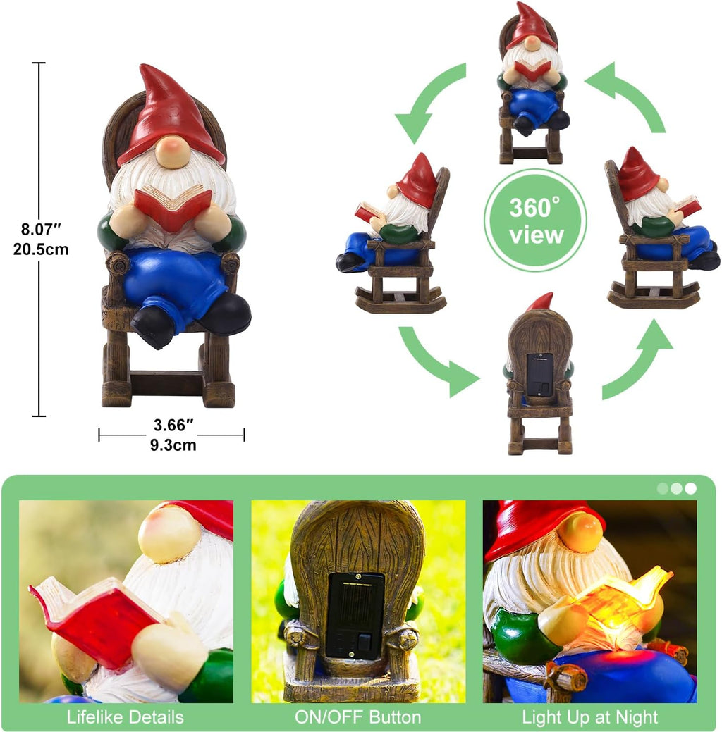 Gnome Reading Solar Statue - Outdoor Solar Gnome Reading on a Chair Garden Decor - Unique Design Ideal Gifts for Women,Mom