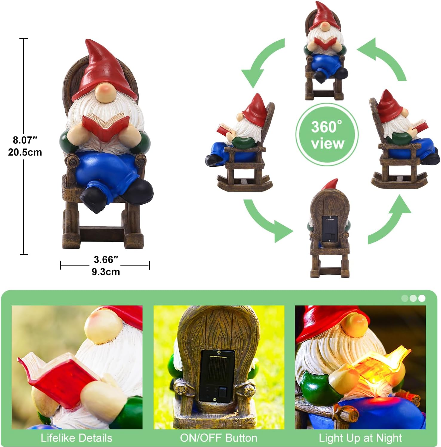 Gnome Reading Solar Statue - Outdoor Solar Gnome Reading on a Chair Garden Decor - Unique Design Ideal Gifts for Women,Mom