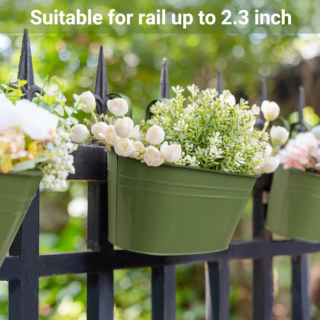 Dahey Metal Iron Hanging Flower Pots for Railing Fence Hanging Bucket Pots Countryside Style Outdoor Planter Window Flower Plant Holder with Detachable Hooks Home Decor,Green,3 Pcs