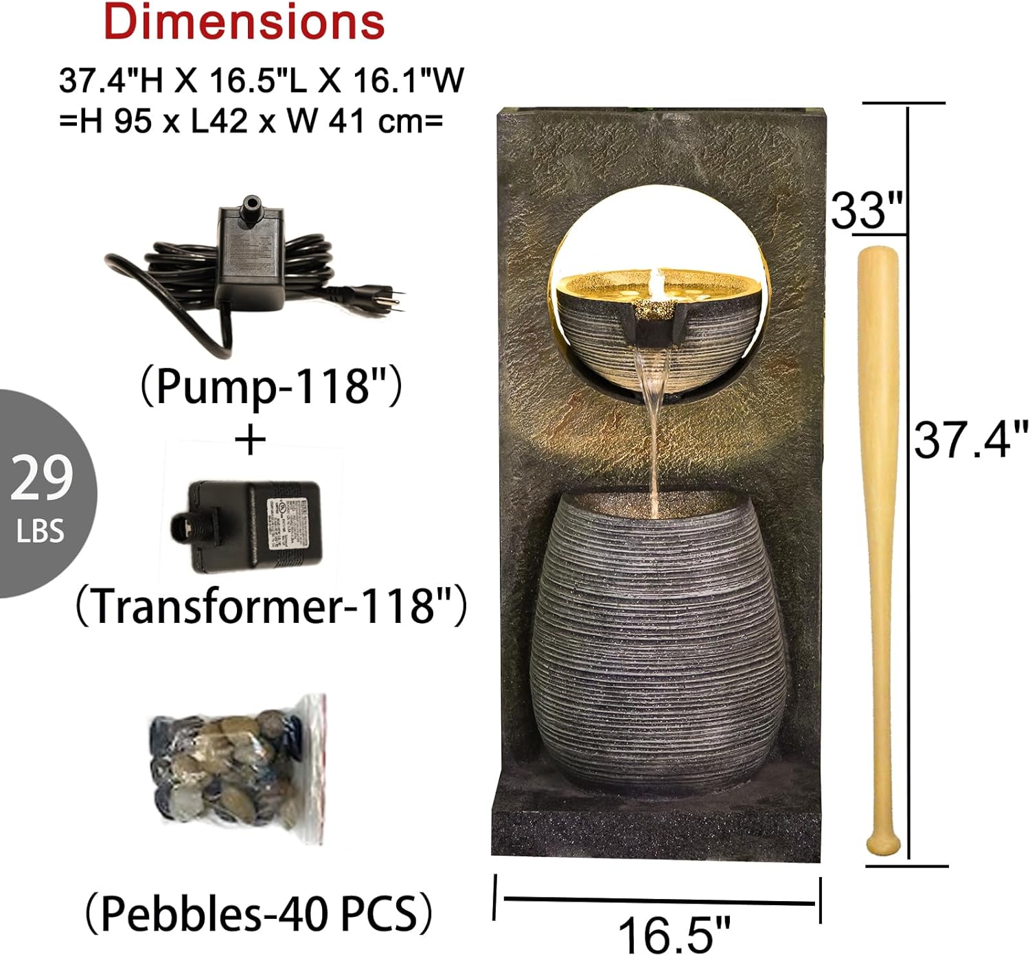 Water Fountain Outdoor Indoor - Modern Waterfall Garden Freestanding Fountain Curved Surface Artistry Design with LED Lights and Light Strip for Home Decor Patio Yard Pool,37.4 inches Tall