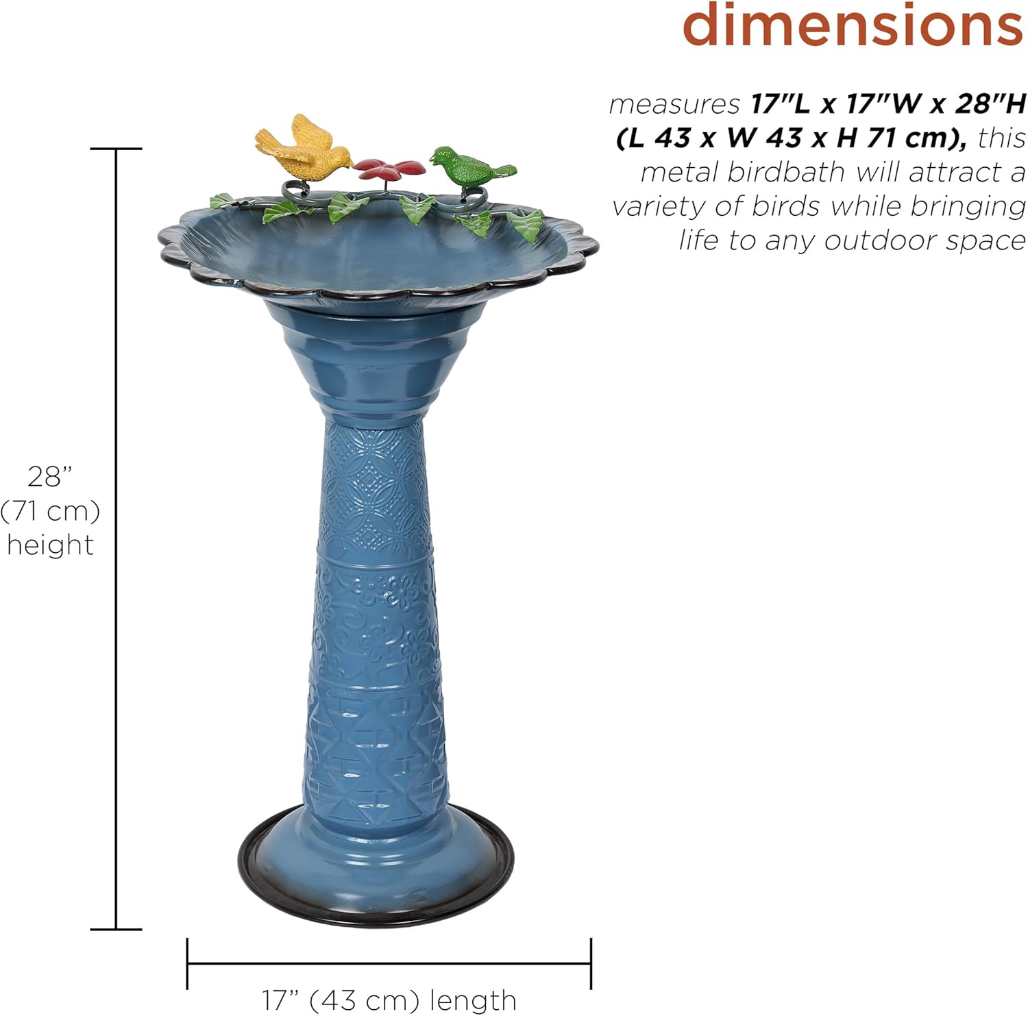 Alpine Corporation ORS112BL Vintage Metal Pedestal Birdbath with Stand, Shallow Bird Bath Bowl for Outside, 28" H, Blue