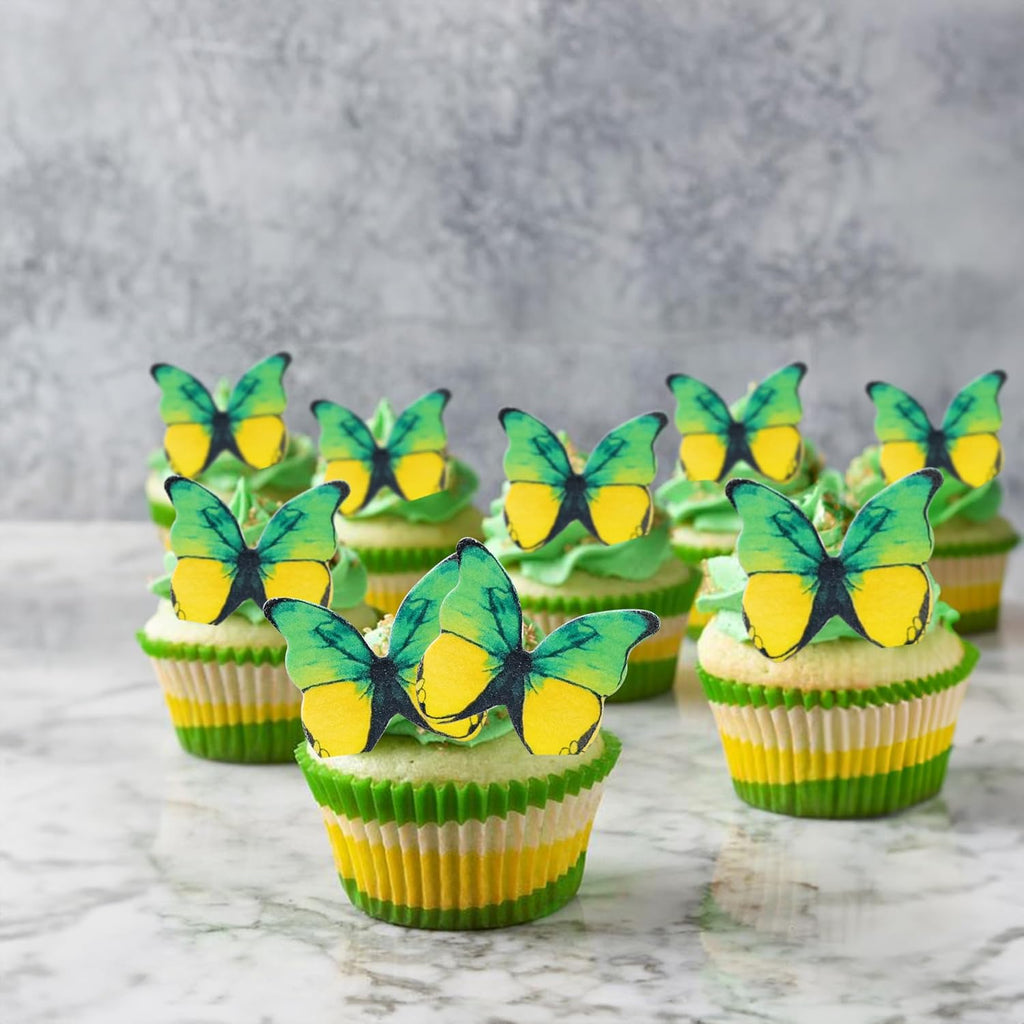 Ephlyn 48Pcs Edible 3D Cute Butterfly Cupcake Toppers for Baby Shower, Bridal Shower, Boys Girls Birthday Party Cake Decorations Supplies - Yellow, Green
