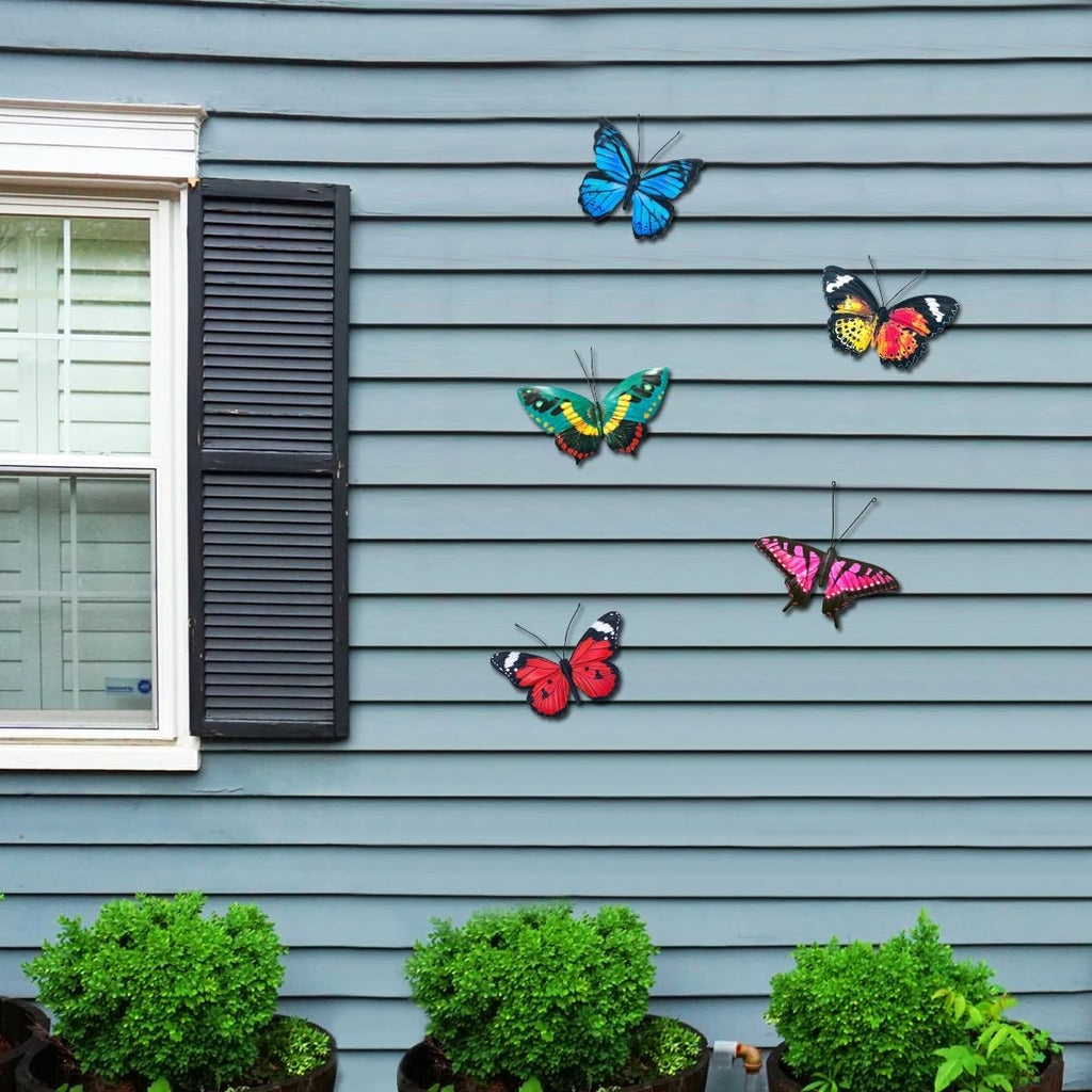 EOORAU Metal Butterfly Wall Decor - 5 Pack Lifelike Butterflies Wall Art Sculpture Hanging Decorations for Indoor or Outdoor, Yard Patio Fence Garden Decorations