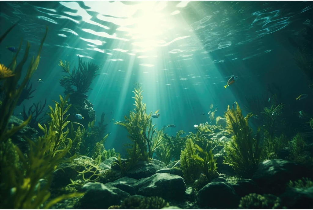 Ocean Aquarium Background Aquatic Plants with Rocks Terrarium Backdrop Sunlight Rays Deep Sea Fish Tank Background Aquarium Wallpaper Poster Decor Vinyl 48x18in