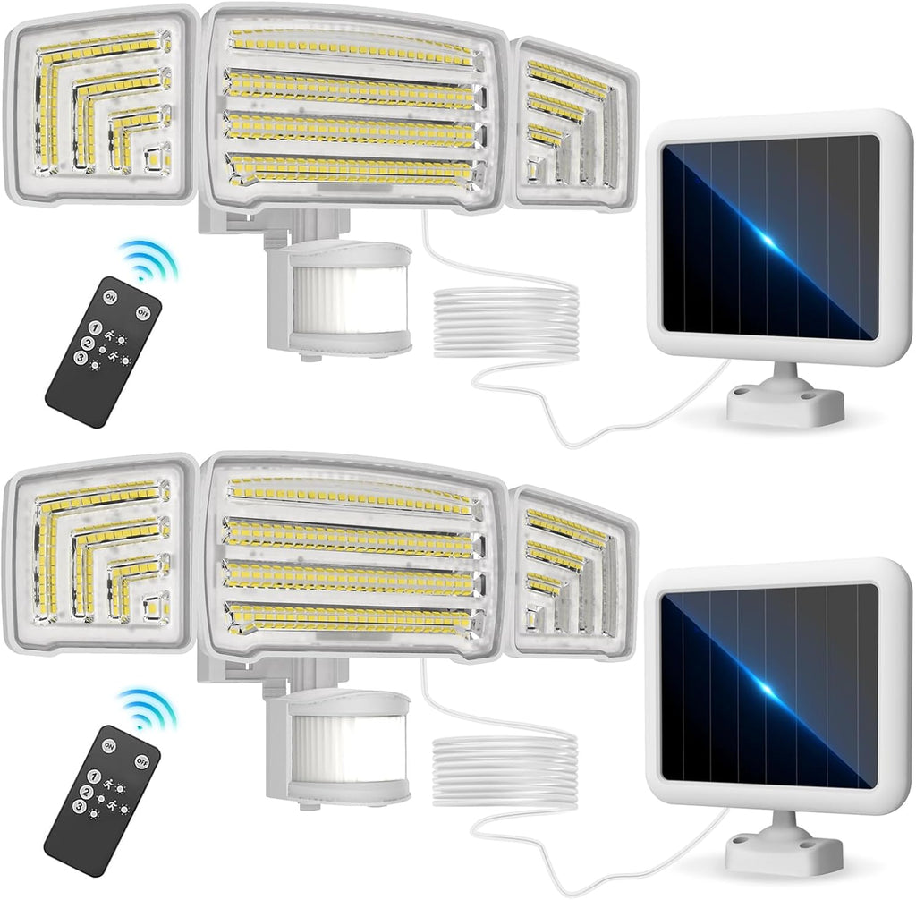 Energetic Solar Outdoor Lights, 1800LM 150 LED Security Motion Sensor Outdoor Lights with Remote Control, IP65 Waterproof Floodlight, 3 Head Motion Detected Spotlight for Garage, Pack of 2 (White)