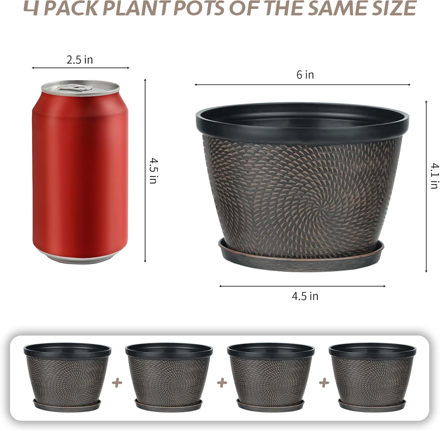 Quarut 4 Pack 6 Inch Flower Pots for Outdoor Indoor, Plastic Plant Pots with Drainage Hole & Saucer, Lightweight Small Flower Pot, Circle Pattern Planters for Garden House planters（Black Copper）