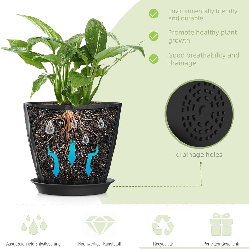 4/4.5/5/5.5/6/6.5/7 Inch Plant Pots,7 Pack Flower Pots with Drainage Holes and Trays,Plastic Planters for Indoor Outdoor Plants Growth,Black