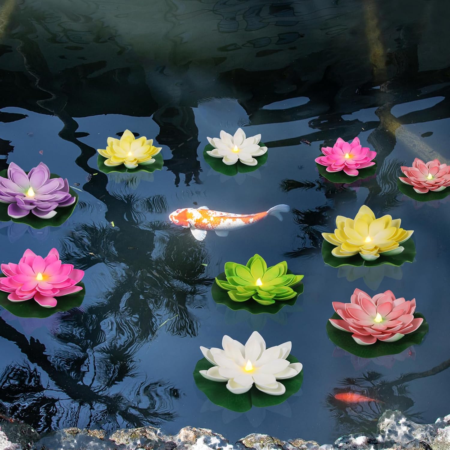 12 PCS Waterproof Floating Lotus Light - Diwali Floating Flower Light Battery Operated Water Activated Warm White Light Pool Flower Lamp Wedding,Anniversary,Garden Decoration(6 Inch, Mix-Color)