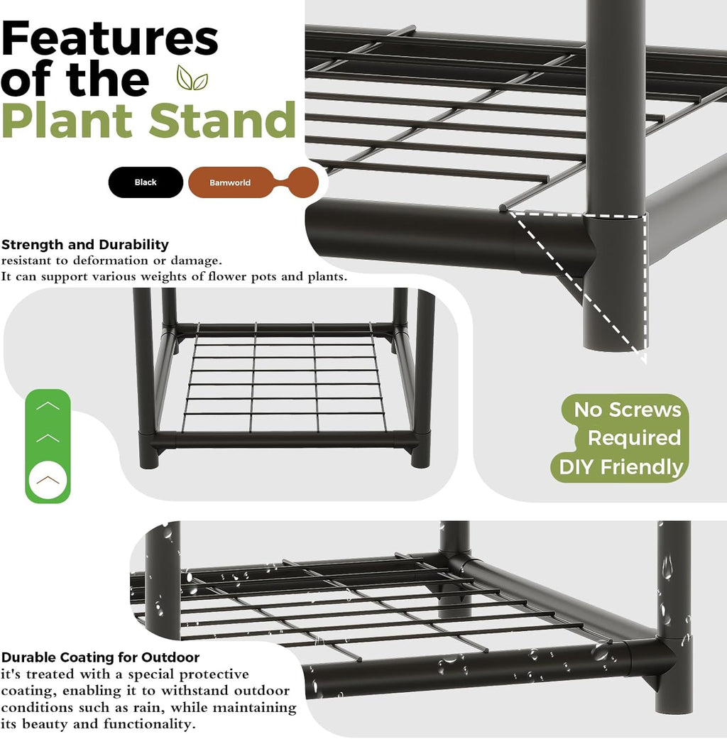 Bamworld Black Plant Stand Outdoor Metal Plant Shelf for Multiple Plants 3 Tiers Ladder Plant Holder Waterproof for Garden Living Room Patio Morden Home Decor Gardening Gifts