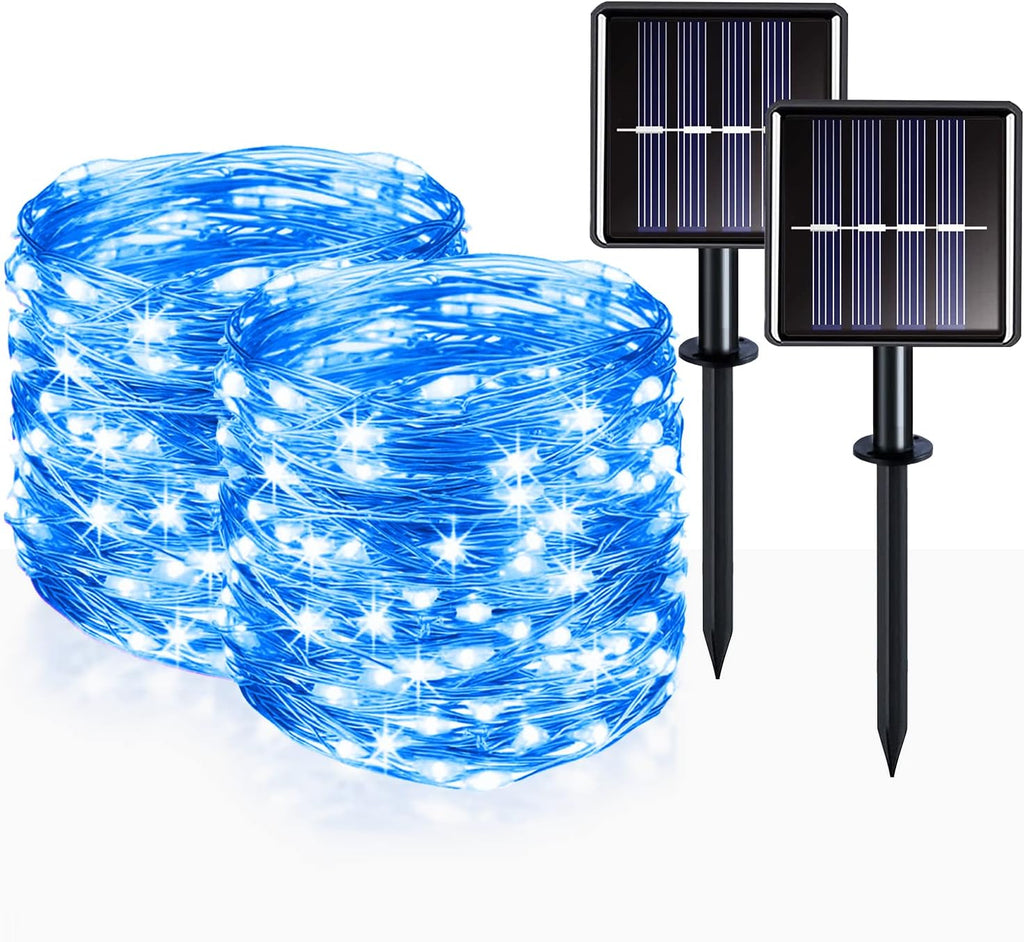 suddus 2 Pack 33ft Solar Fairy String Lights Small, 100 Led Blue Solar Fairy Lights Outdoor, 8 Modes Solar Christmas Lights Copper Wire for Trees Garden Patio Yard Deck Fence Party Decorations