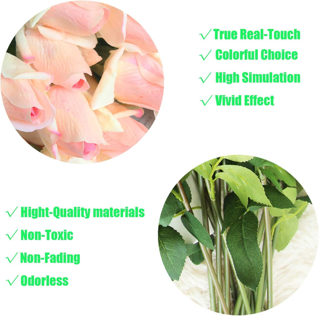12pcs Real Look Artificial Rose Buds, 22 Inch Real Touch Silk Rosebud, Realistic Design Artificial Flower with Real Feel Petals,Silk Flower Bud for Wedding Home Décor,Champagne