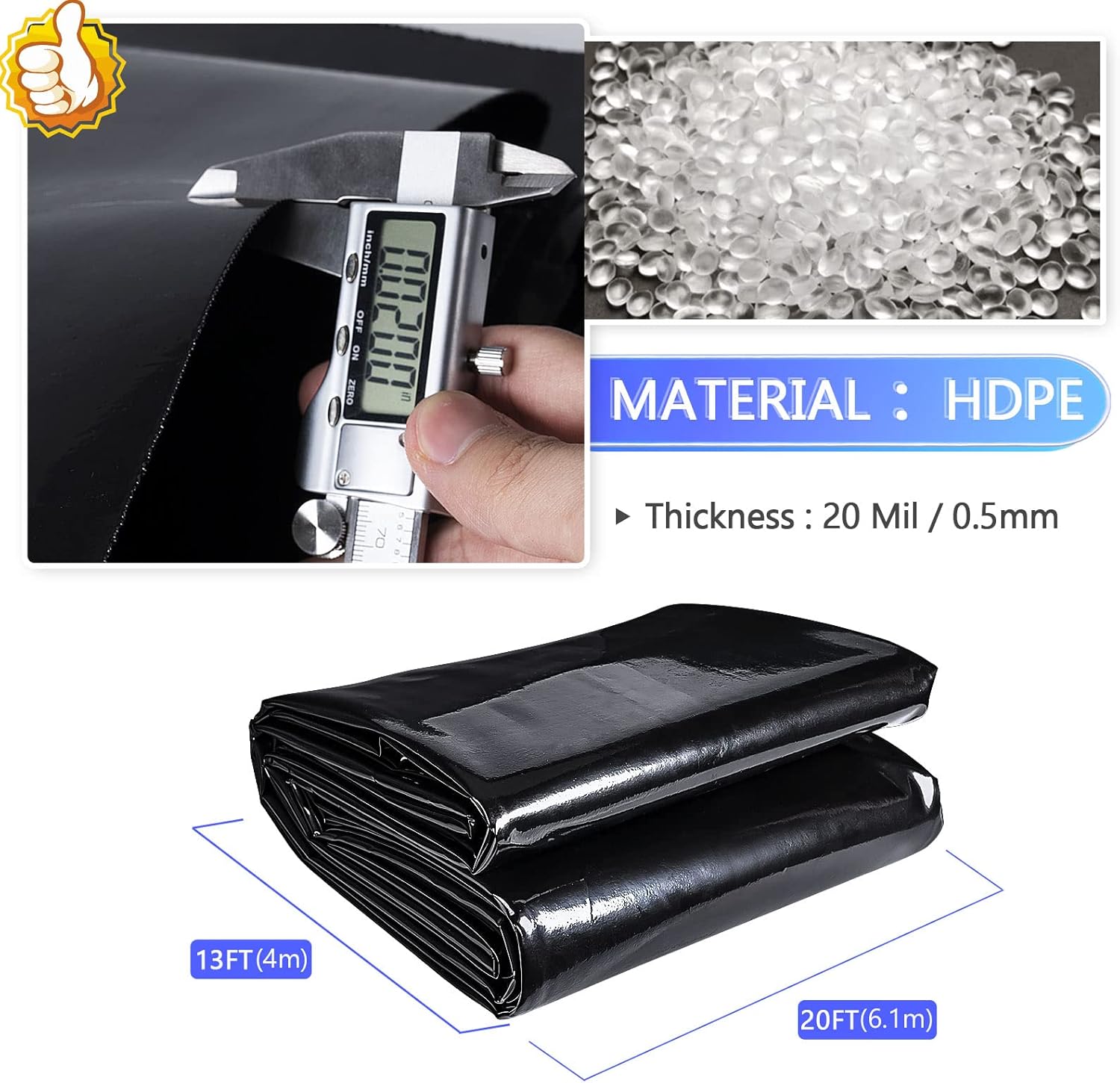 ToLanbbt Pond Liner 13 x 20 Ft HDPE Pond Liners, 20 Mil UV Resistant Preformed Pond Liner Easy Cutting, Pond Liner for Natural Looking Ponds, Waterfall, Koi Pondsand Water Garden (Black)