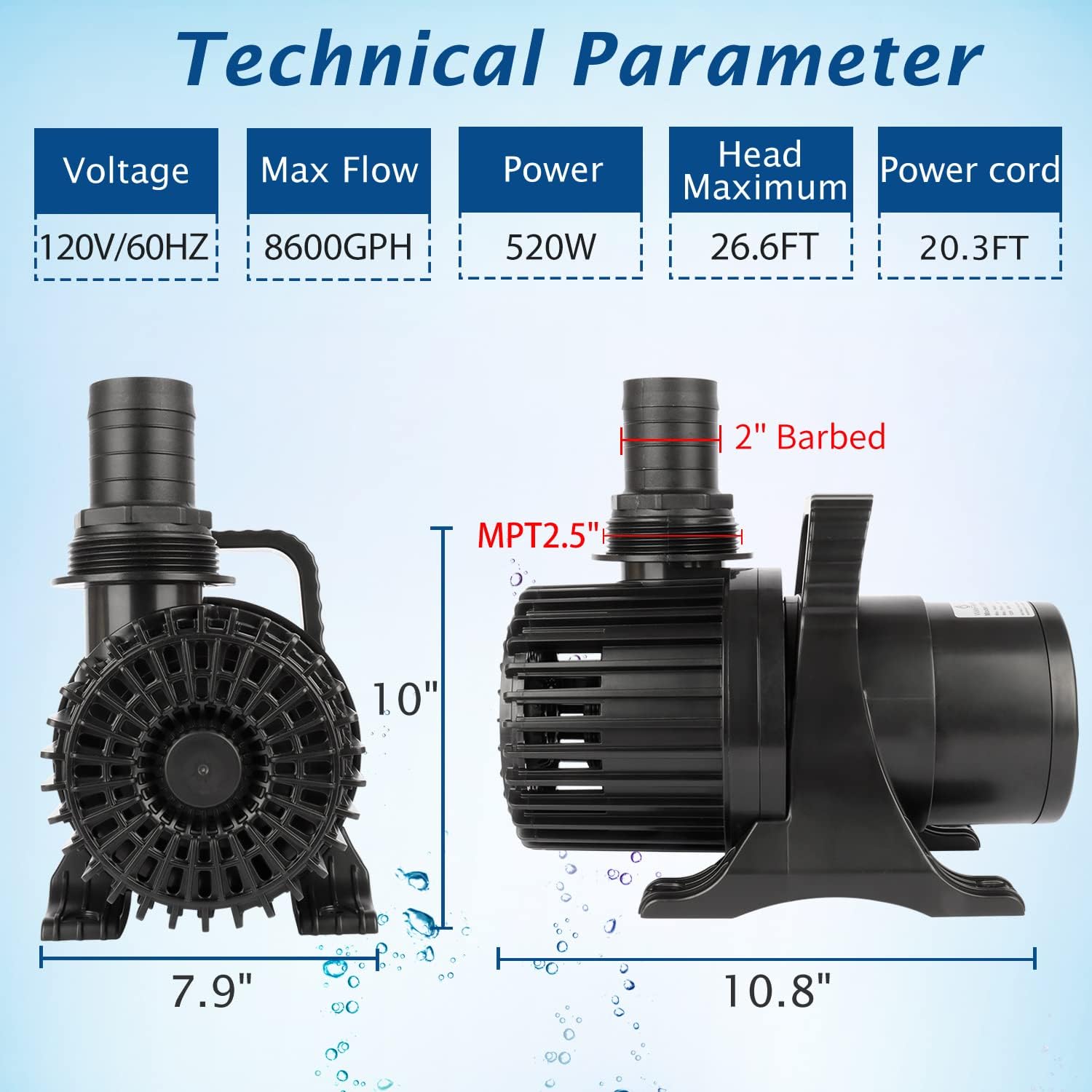 WaterRebirth (8600GPH 520W, UL listed) High Flow Submersible Water Fountain Aquarium Sump Pond Electric Waterfall Pump PS-8600