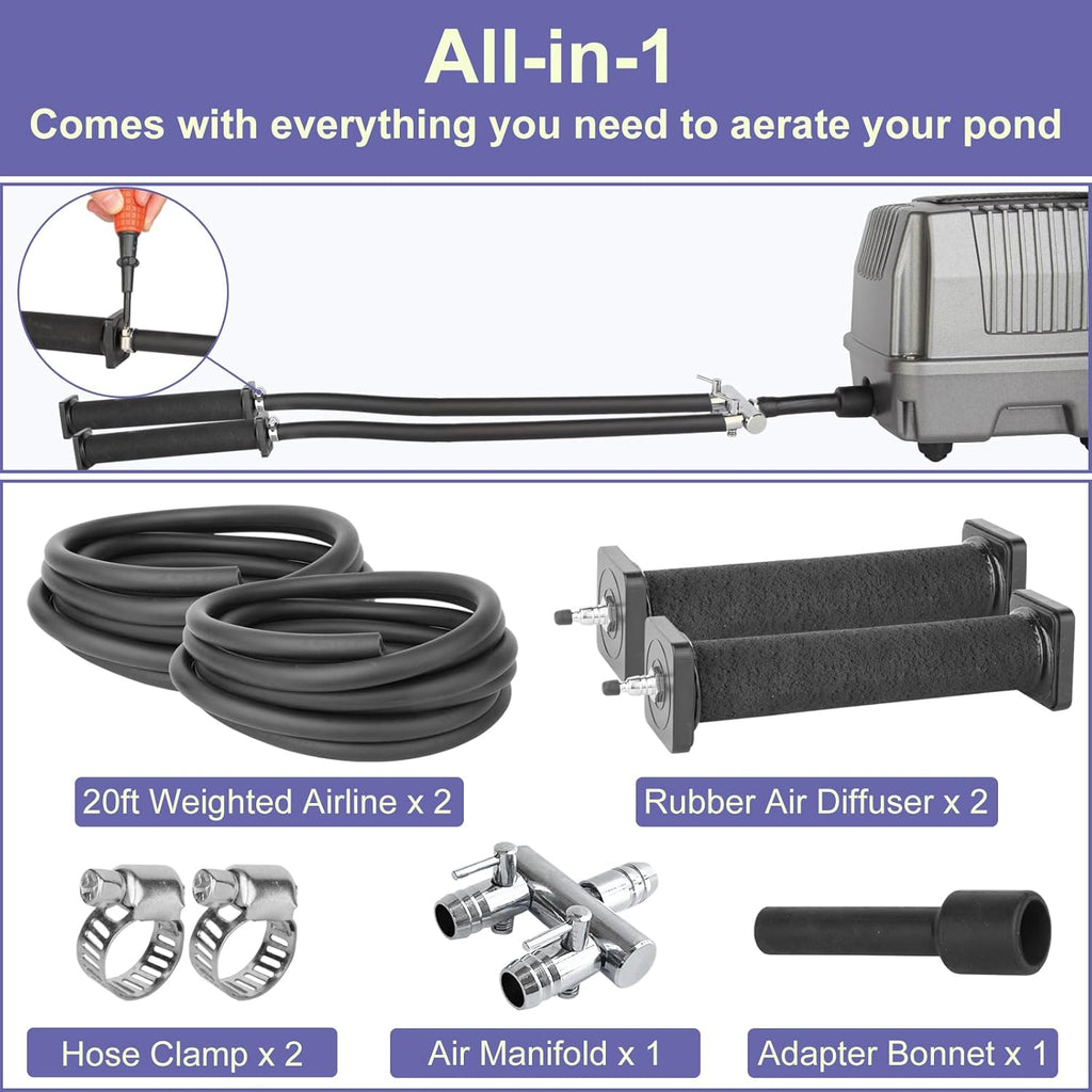 AquaMiracle Koi Pond Aerator Pond Air Pump with Self-Sinking Airline Rubber Air Diffuser, Air Flow Control Pond Deicer All-in-One Pond Aeration Kit for Outdoor Pond 10,000-15,000 Gallons