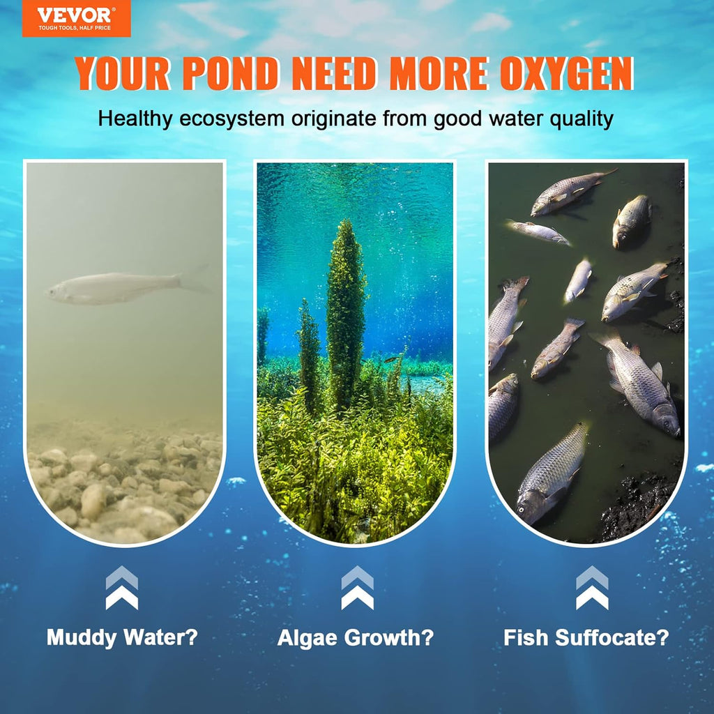 VEVOR Pond Aerator, 550W Power, 5.2CFM for Up to 3 Acre 50' Lake, Includes 3/4 HP Compressor & Timer & Valves, Air Compressor for Deep Water Oxygen Circulation, for Outdoor Ponds or Lakes