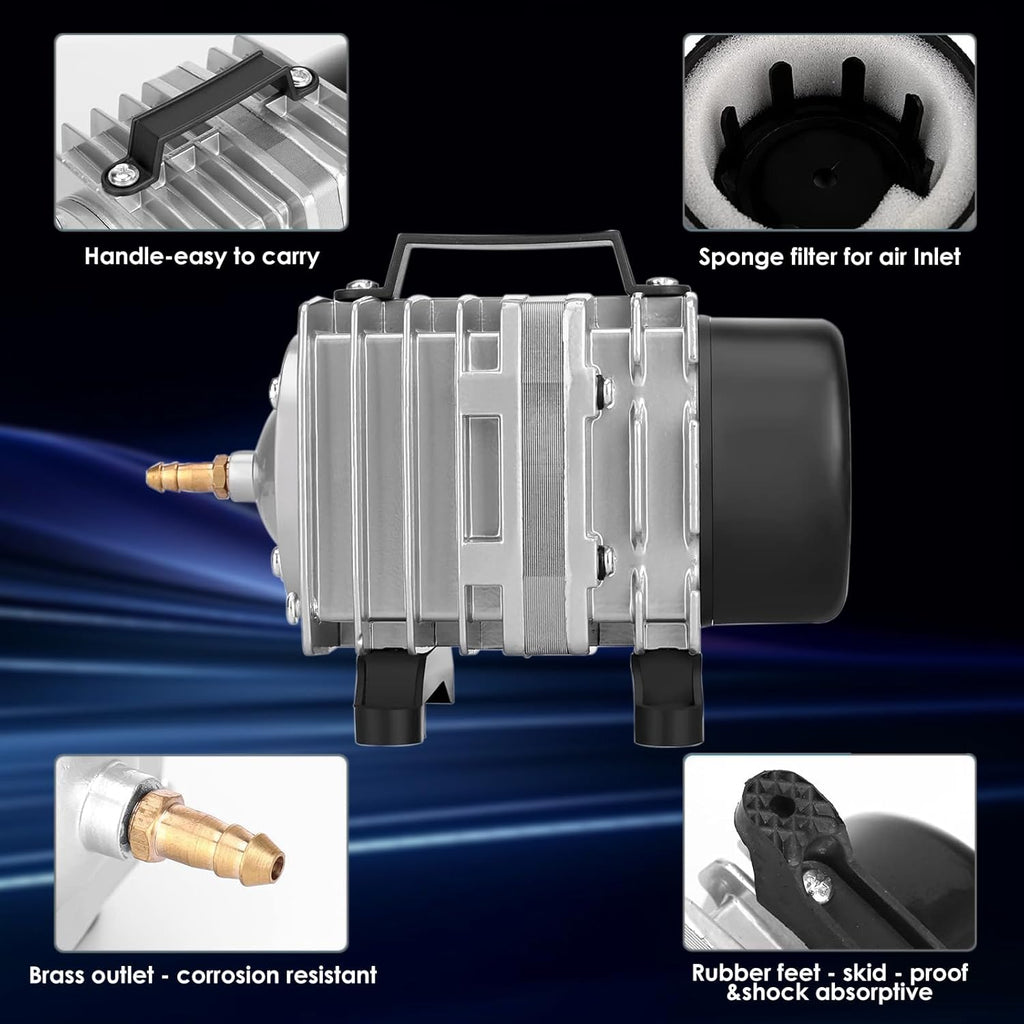 Aquarium Air Pump with Aluminum Housing, Commercial Air Pump with 6-Outlet Air Manifold, Pond Aerator Fish Tank Bubbler for Aquarium, Pond, Hydroponics (1000GPH-30W)