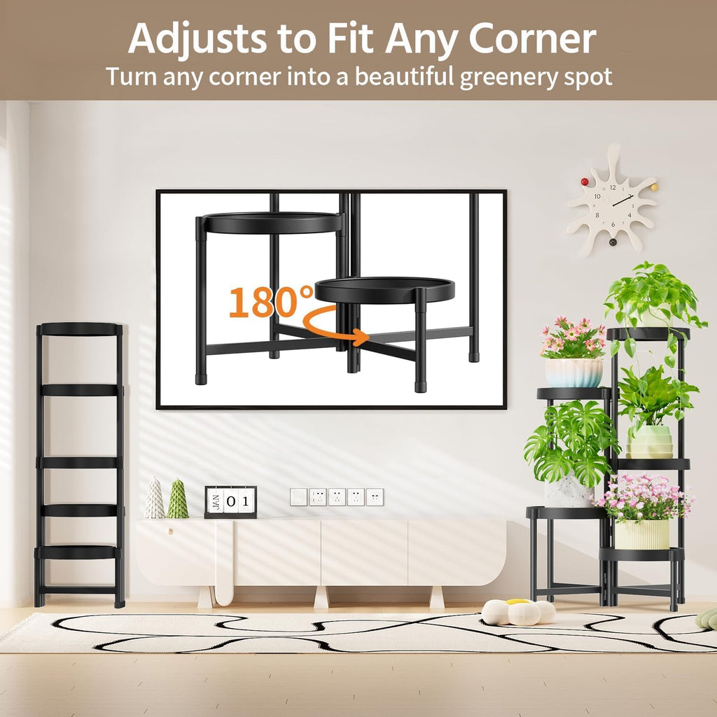 LASZOLA 5 Tiered Folding Plant Stand Indoor for Multiple Large Planter, Tall Heavy Duty Adjustable Rack with Rust Proof Plastic Shelving, Sturdy Vertical Tree Organizer for Narrow Inside Floor, Black