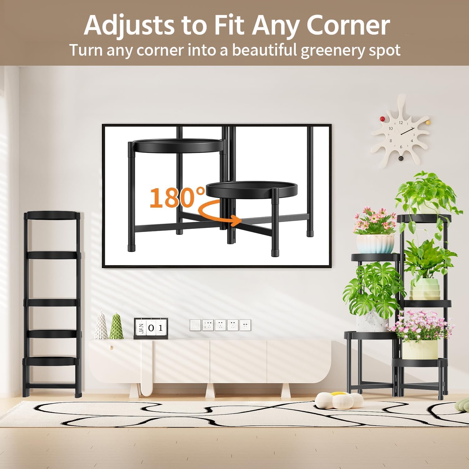 LASZOLA 5 Tiered Folding Plant Stand Indoor for Multiple Large Planter, Tall Heavy Duty Adjustable Rack with Rust Proof Plastic Shelving, Sturdy Vertical Tree Organizer for Narrow Inside Floor, Black
