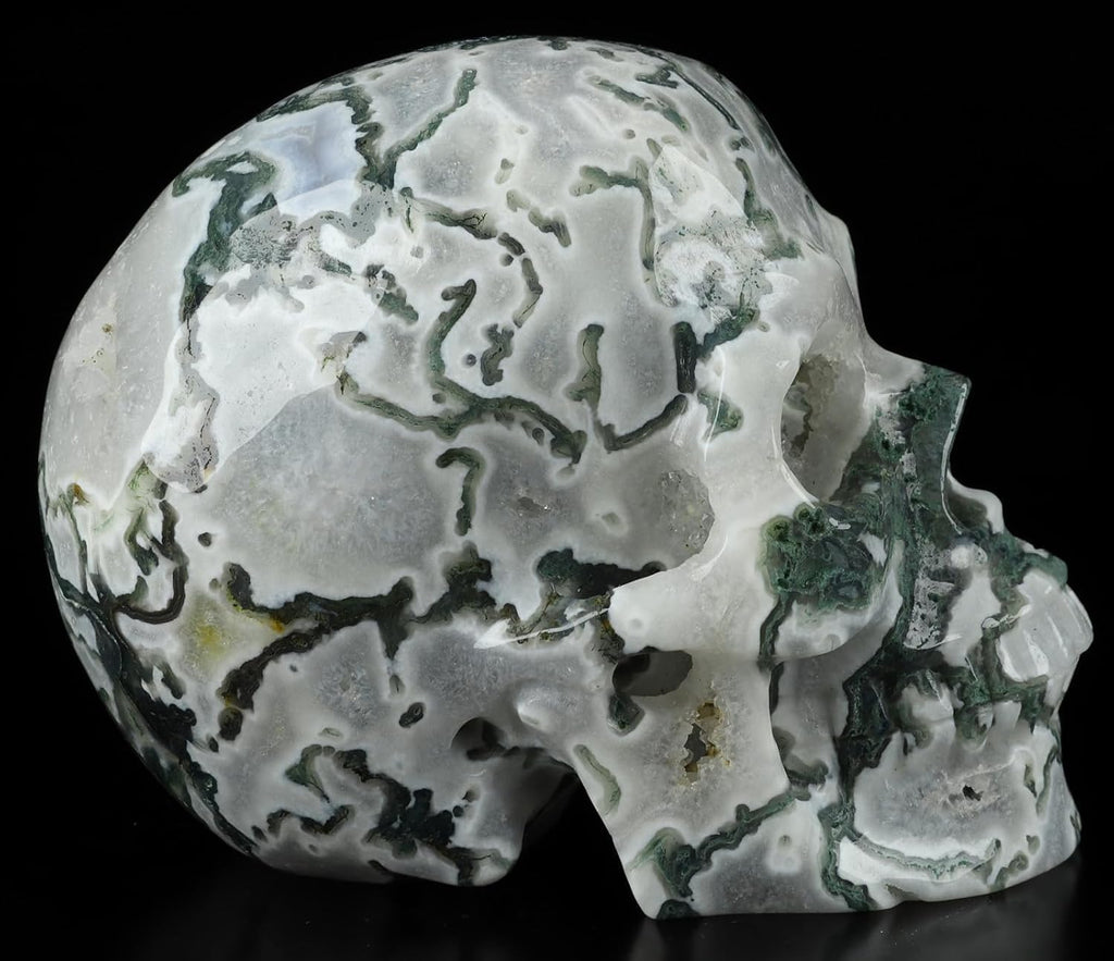 Skullis 5.0” Green Moss Agate Crystal Skull, Hand Carved Gemstone Fine Art Sculpture, Reiki Healing Stone Statue.2054