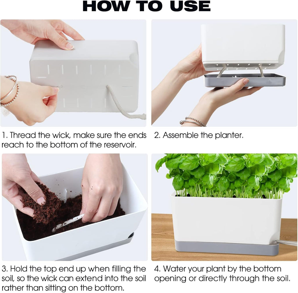 Self Watering Planters Pots for Indoor Plants, 7 Pack Plastic Planter Box Flower Pots for Indoor Outdoor Plants, Rectangle Herb Planter Window Boxes Planterswith Drainage, Light Gray Tray